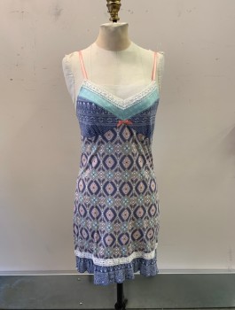 Womens, Nightgown, PJ SALVAGE, Blue, Multi-color, Cotton, Modal, Geometric, S, V-N, Adj Straps, White Crochet Lace at Neck, Light Pink and Light Blue Details