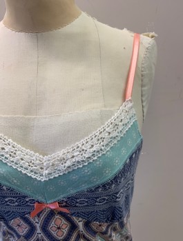 PJ SALVAGE, Blue, Multi-color, Cotton, Modal, Geometric, V-N, Adj Straps, White Crochet Lace at Neck, Light Pink and Light Blue Details