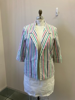 N/L, White Poly Cotton Twill with Red/Kelly/Navy/Tan Alternating Vertical Stripes, SB. No Closures, Notched Lapel, 3/4 Cuffed Sleeves, 2 Patch Pckt,