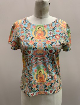 Womens, Top, INSTANT KARMA, Orange, Multi-color, Polyester, Novelty Pattern, B: 34, M, Round Neck, S/S, Faded
