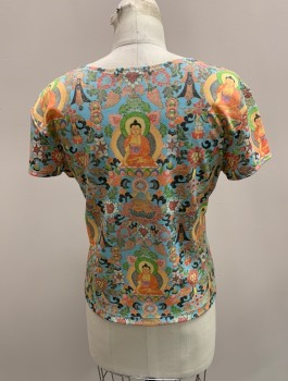 Womens, Top, INSTANT KARMA, Orange, Multi-color, Polyester, Novelty Pattern, B: 34, M, Round Neck, S/S, Faded
