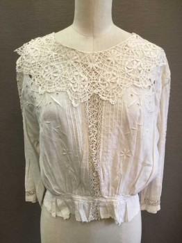 MTO, Bone White, Cotton, Solid, White Floral Embroidered Eyelet with Pintucks and Crochet Lace Center Front, Button Back, Scoop Neck, Crochet Floral Lace Wide Collar, Gathered At Peplum, Pleated Peplum, Crochet Lace Top Sleeves and Cuff,