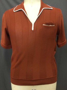 Mens, Polo Shirt, LEEJAY, Rust Orange, Cream, Nylon, Solid, Stripes - Vertical , L, Banlon Knit, Short Sleeve,  Ribbed Stripe Front Panel, Cream Trim On Collar & 1 Welt Pocket,