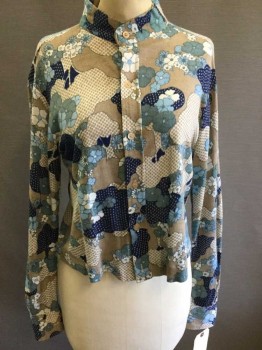 NOBILITY, Taupe, Baby Blue, Navy Blue, White, Steel Blue, Acrylic, Floral, Polka Dots, Knit, Long Sleeves, Button Front, Band Collar, Floral With Polka Dot Clouds Print