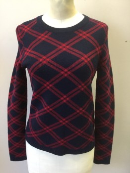 Womens, Pullover, BROOKS BROTHERS, Navy Blue, Red, Wool, Plaid-  Windowpane, XS, Navy with Red Windowpane Plaid, Long Sleeves, U-Neck, 3 Buttons at Center Back Neck