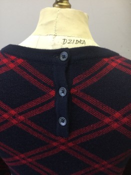 Womens, Pullover, BROOKS BROTHERS, Navy Blue, Red, Wool, Plaid-  Windowpane, XS, Navy with Red Windowpane Plaid, Long Sleeves, U-Neck, 3 Buttons at Center Back Neck
