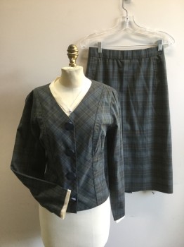 Womens, 1960s Vintage, Top, N/L, Slate Blue, Olive Green, Black, Poly/Cotton, Plaid, W26, B34, V. Neck with Faux Cream Blouse Underneath with V.neck Collar & Cuffs. 4 Large Navy Buttons with Snap Closures. Fitted at Waist