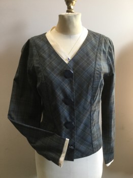 N/L, Slate Blue, Olive Green, Black, Poly/Cotton, Plaid, V. Neck with Faux Cream Blouse Underneath with V.neck Collar & Cuffs. 4 Large Navy Buttons with Snap Closures. Fitted at Waist