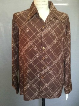 Mens, Casual Shirt, Brown, Lt Brown, White, Synthetic, Diamonds, XL, Brown with Lt Brown/white Diamond Novelty Print, Button Front, Collar Attached, V-neck, Long Sleeves,