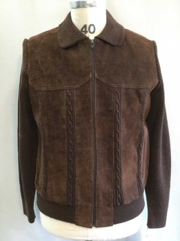 Mens, Jacket, NO LABEL, Chocolate Brown, Suede, Acrylic, 42, Long Sleeves, Zip Front, Knit Collar, Welt Pockets, Suede Elbow Patches, Cable Knit Sweater Detail,