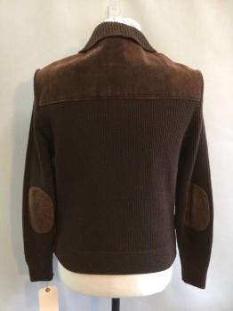 Mens, Jacket, NO LABEL, Chocolate Brown, Suede, Acrylic, 42, Long Sleeves, Zip Front, Knit Collar, Welt Pockets, Suede Elbow Patches, Cable Knit Sweater Detail,