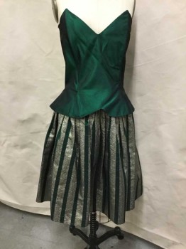 JESSICA MCCLINTOCK, Green, Gold, Synthetic, Strapless, Iridescent Green Bodice With Green/Gold Vertical Stripes Skirt, Zip Back, W/Big Bow in the Back, *With Taffeta Scarf