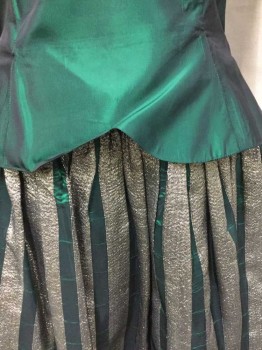Womens, Cocktail Dress, JESSICA MCCLINTOCK, Green, Gold, Synthetic, 38/30, Strapless, Iridescent Green Bodice With Green/Gold Vertical Stripes Skirt, Zip Back, W/Big Bow in the Back, *With Taffeta Scarf