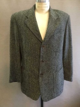 Mens, Blazer/Sport Co, Mond Di Marco, Dk Brown, Cream, Black, Lt Gray, Wool, Tweed, Herringbone, 42 R, Single Breasted, Collar Attached, Notched Lapel, 3 Pockets, 3 Buttons