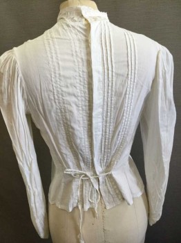 M.T.O. , White, Cotton, Solid, Long Sleeves, Button Back, Band Collar with Pink Tucks/Lace Inset and Lace Edge, Lace Inset and Pin Tuck Yoke, Gathered Sleeves At Shoulder and Cuff, Pintuck and Lace Inset Cuff, Back Waist Self Tie,