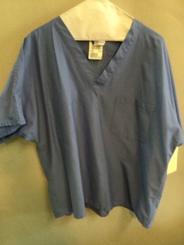 LANDAU, Blue, Polyester, Cotton, Solid, Short Sleeve,  V-neck, 1 Pocket,