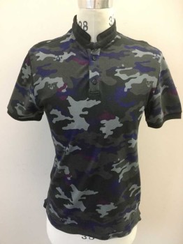 THE KOOPLES SPORT, Olive Green, Lt Olive Grn, Red Burgundy, Gray, Royal Blue, Cotton, Camouflage, Mandarin Collar Attached, 2 Button Front, Short Sleeves,