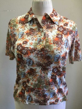 Womens, Shirt, N/L, White, Brown, Powder Blue, Orange, Lt Brown, Polyester, Floral, B 38, Short Sleeves, Polo Ribbed Knit Collar Attached/Cuff/Waistband, 3 Buttons