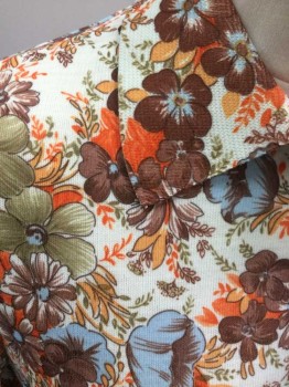 N/L, White, Brown, Powder Blue, Orange, Lt Brown, Polyester, Floral, Short Sleeves, Polo Ribbed Knit Collar Attached/Cuff/Waistband, 3 Buttons