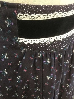 JESSICA'S GUNNIES, Champagne, Black, White, Lt Pink, Lavender Purple, Cotton, Floral, Polka Dots, Charcoal Background with Tiny Pastel Flowers, Solid Black Velveteen Detail at Center Front Waist with White Lace Trim, 2 Stripes Near Hem of Accent Dotted and Floral Fabric, Curved Yoke at Waist, Hem Mid-calf,