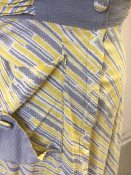 MADEMOISELLE, Gray, Yellow, White, Cotton, Seersucker, Stripes - Diagonal , Solid Gray Seersucker Top Half, Bottom is White with Yellow and Gray Abstract Diagonal Lines, Short Sleeves, Shirtwaist, Cuffed Sleeves with Patterned Cuff, Self Patterned Fabric Buttons at Front, Hidden Zip Closure Below Center Front Waist, Self Belt Ties at Waist, Rounded Collar Attached, Hem Ankle Length,