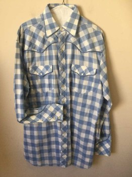 Mens, Western, NL, Lt Blue, White, Poly/Cotton, Check , XL, Long Sleeves, Collar Attached, Snap Front Closure, 2 Pockets with Flaps