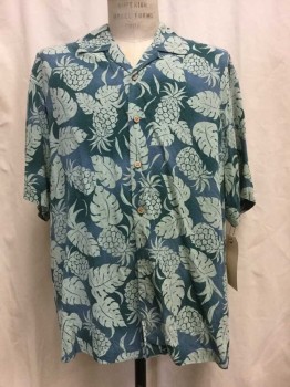 Mens, Hawaiian Shirt, HONOLULU, Dk Green, Lt Green, Silk, Tropical , L, Dk Green/ Lt Green Tropical Print, Button Front, Open Collar Attached, Short Sleeves,