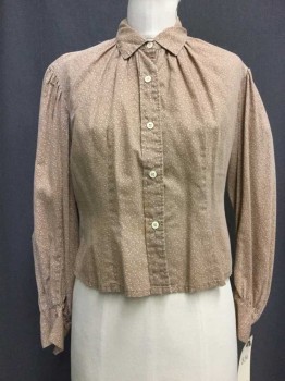 MTO, Lt Brown, Cream, Cotton, Floral, Lt Brown with Cream Floral Print, Button Front, Collar Attached, Cropped, Gathered Shoulders,