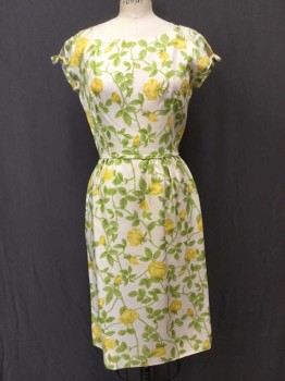 N/L, White, Lime Green, Yellow, Silk, Floral, Cap Sleeves, Round Neck,  Self Bows + Cutouts On Sleeves, Self Attached 3/8" Belt/Self Trim At Waist W/Self Bow At Center Back Waist, Straight Fit Skirt, Hem Below Knee, Early 1960's