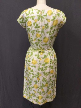 N/L, White, Lime Green, Yellow, Silk, Floral, Cap Sleeves, Round Neck,  Self Bows + Cutouts On Sleeves, Self Attached 3/8" Belt/Self Trim At Waist W/Self Bow At Center Back Waist, Straight Fit Skirt, Hem Below Knee, Early 1960's