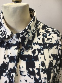 Womens, Dress, Long & 3/4 Sleeve, PROLOGUE, Cream, Navy Blue, Polyester, Geometric, Abstract , S, Cream with Navy Abstract Checkered Pattern, Long Sleeve Shirt Dress, Collar Attached, Button Front, Shift Dress, Hem Above Knee, **2 Piece: Comes with Matching Self Fabric Sash BELT