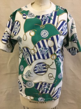 Womens, T-Shirt, EURO JOY, White, Emerald Green, Gold, Blue, Polyester, Cotton, Novelty Pattern, B38, S, Crew Neck, Short Sleeves, Nautical Pattern with Ropes, Compasses, & Sailboats