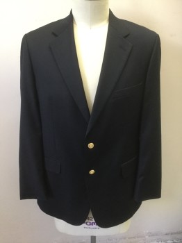 Mens, Sportcoat/Blazer, BROOKS BROTHERS, Navy Blue, Wool, Solid, 42L, Single Breasted, Notched Lapel, 2 Gold Embossed Metal Buttons, 3 Pockets, 3 Cuff Buttons, Solid Navy Lining