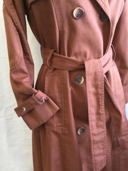 Womens, Trench Coat, N/L, Rust Orange, Cotton, Polyester, Solid, B:32, Large Notched Lapel, Flap Front & Back, Epaulettes, Double Breasted,  Long Sleeves with Elbow Patches, Flared, Split Center Back with 3 Matching Buttons, **With BELT,