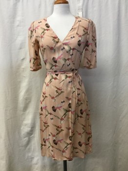 REFORMATION, Peach Orange, Pink, Lt Blue, Olive Green, Polyester, Novelty Pattern, Hummingbird Print in Muted Olive, Pinks & Brown on Light Peach Background. Cross Over V Neck, Short Sleeves, Wrap Style with Self Tie at Side Waist