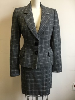 MOSCHINO, Gray, Black, White, Wool, Grid , Single Breasted, Collar Attached, Notched Lapel, 2 Flap Pockets, 2 Black Velvet Clover Buttons