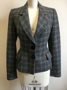 Womens, Suit, Jacket, MOSCHINO, Gray, Black, White, Wool, Grid , 4, Single Breasted, Collar Attached, Notched Lapel, 2 Flap Pockets, 2 Black Velvet Clover Buttons