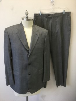 N/L, Gray, Black, Red, Wool, Herringbone, Stripes - Pin, Gray/Black Herringbone, Faint Red Pinstripes, Single Breasted, Notched Lapel, 3 Buttons, 3 Pockets, Solid Gray Lining