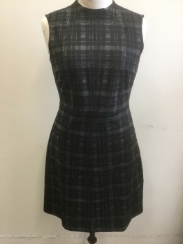 Womens, Dress, Sleeveless, ELLEN TRACY , Black, Gray, Polyester, Viscose, Plaid-  Windowpane, Abstract , M, Black with Gray Abstract Windowpane, Round Neck,  Sleeveless, Slightly A-Line Fit, Knee Length, Invisible Zipper at Center Back