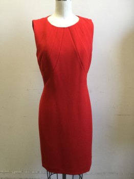 Womens, Dress, Sleeveless, TAHARI, Red, Polyester, Rayon, Solid, 4, Scoop Neck, Zip Back, Radiating Seams From Front Collar Around to Center Back