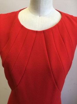 Womens, Dress, Sleeveless, TAHARI, Red, Polyester, Rayon, Solid, 4, Scoop Neck, Zip Back, Radiating Seams From Front Collar Around to Center Back