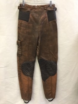 MTO, Brown, Dk Brown, Leather, Aged Leather, Slim Leg, High Waist, Dark Brown Ribbed Panels at Sides of Waist, Quilted Leather Oval Patch at Knees, Studded Detail Along Outseam, Center Back Zipper, Made To Order, Steampunk