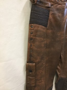 MTO, Brown, Dk Brown, Leather, Aged Leather, Slim Leg, High Waist, Dark Brown Ribbed Panels at Sides of Waist, Quilted Leather Oval Patch at Knees, Studded Detail Along Outseam, Center Back Zipper, Made To Order, Steampunk