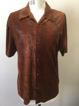 Mens, Club Shirt, Y.M.L.A, Rust Orange, Black, Metallic, Polyester, Reptile/Snakeskin, M, Flocked with Metallic Snakeskin Pattern, Short Sleeve Button Front, Collar Attached,