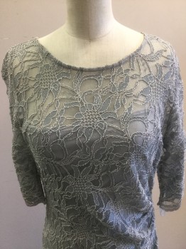 Womens, Evening Gown, XSCAPE, Slate Gray, Silver, Nylon, Polyester, Floral, 10, Slate Grey Stretch Floral Lace with Silver Glitter and Silver Outline of Flowers, Ballet Neck, 3/4 Sleeves, Rouching on Left Waist
