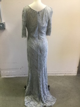 Womens, Evening Gown, XSCAPE, Slate Gray, Silver, Nylon, Polyester, Floral, 10, Slate Grey Stretch Floral Lace with Silver Glitter and Silver Outline of Flowers, Ballet Neck, 3/4 Sleeves, Rouching on Left Waist