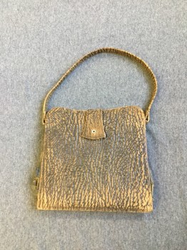NL, Brown, Leather, Metallic/Metal, Mottled, Small Square Purse, Textured Leather, Very Dry, 1 Snap Closure with Metal Clasp Hidden Inside, Short Single Strap. Purse Has Holes