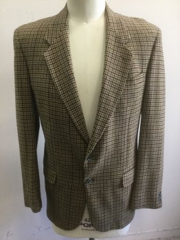 BOTANY 500/ACADEMY A, Beige, Black, Red Burgundy, Ochre Brown-Yellow, Teal Green, Wool, Houndstooth, Check , Single Breasted, Low Set Notched Lapel, 2 Buttons, 3 Pockets, Solid Beige Lining,