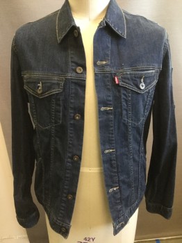 Mens, Jean Jacket, LEVI'S, Dk Blue, Cotton, Lycra, Solid, XL, Collar Attached, Button Front, Long Sleeves, Slit Pockets, Yellow Top Stitching, Stretch , Patch Back Pockets