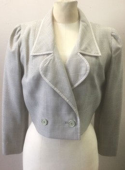 Womens, 1980s Vintage, Suit, Jacket, N/L, Gray, Lt Gray, Wool, Glen Plaid, Houndstooth, B:36, Blazer, Double Breasted, Cropped Boxy Fit, Oversized Lapel with Pointed and Round Notches, Gray Grosgrain Edging/Trim, Retro 1980's Does 1960's